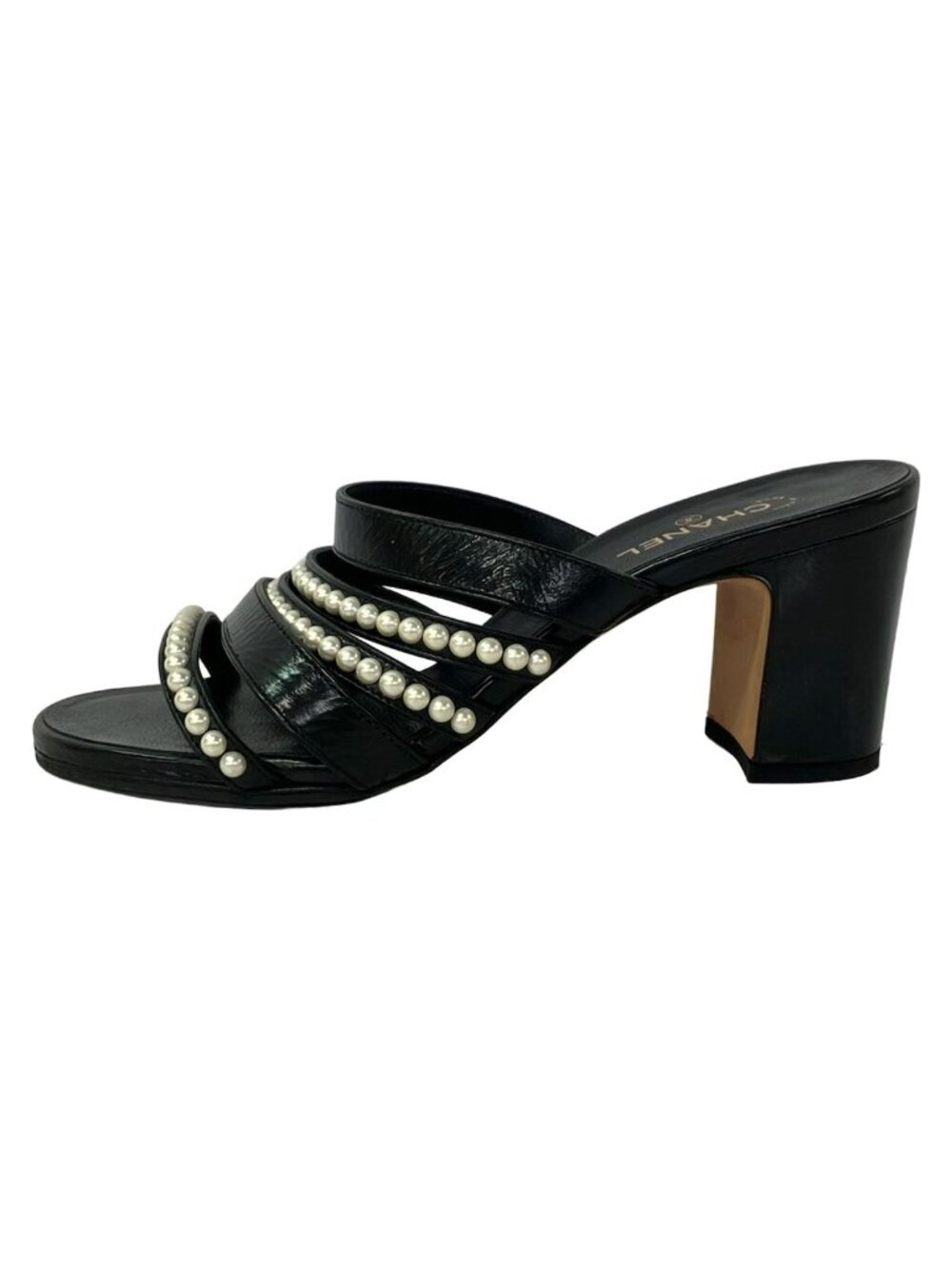 Chanel Mules 37 C Black White Pearl Leather